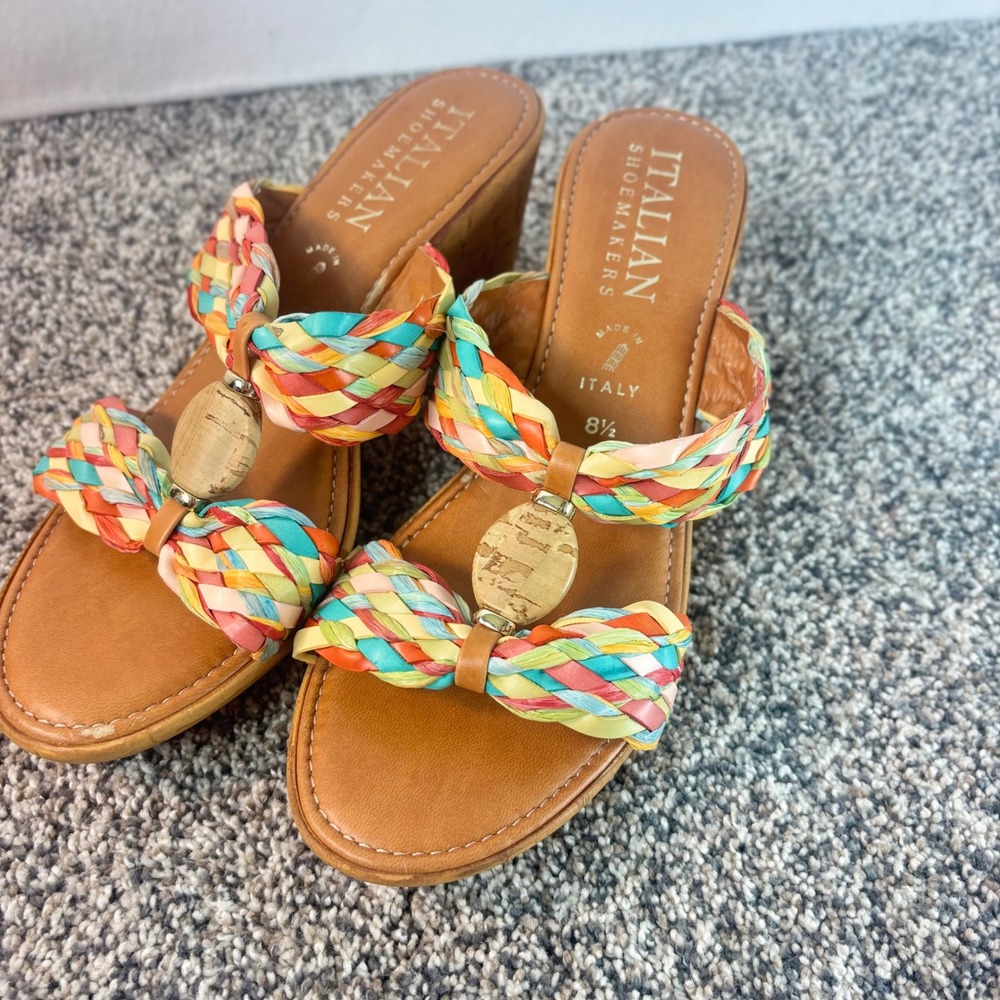 Italian Shoemakers Multi Braided Raffia Cork Wedge Sandals Made in Italy 8.5